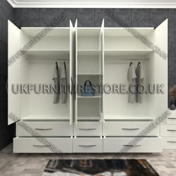 White 5 Door Wardrobe With Mirror and Bottom Drawer