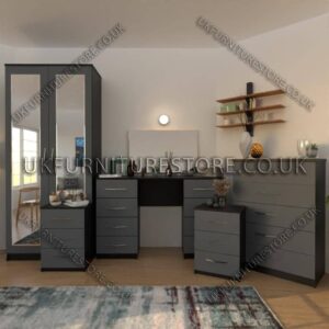 Front Gray Side Black 3 Piece 2 Door Mirrored Wardrobe Set