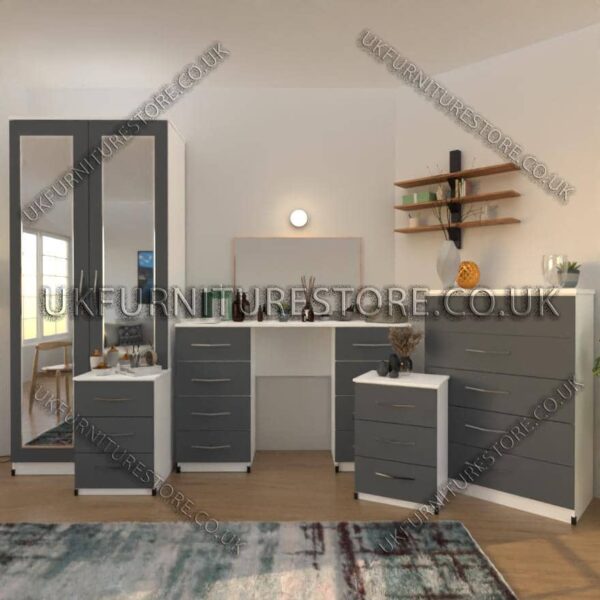 Front Gray Side White 3 Piece 2 Door Mirrored Wardrobe Set