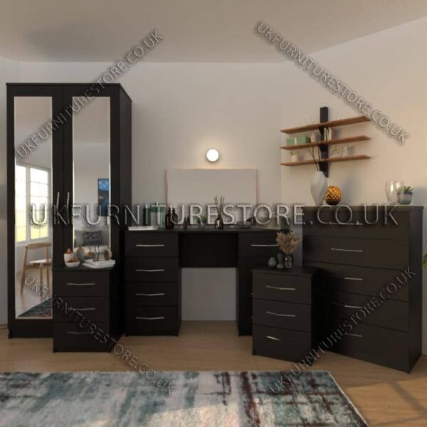 Black 3 Piece 2 Door Mirrored Wardrobe Set