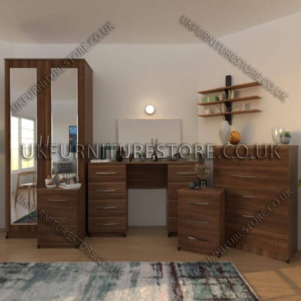 Walnut 3 Piece 2 Door Mirrored Wardrobe Set
