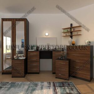 Front Walnut Side Black 3 Piece 2 Door Mirrored Wardrobe Set