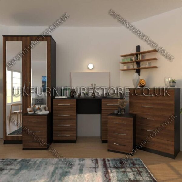 Front Walnut Side Black 3 Piece 2 Door Mirrored Wardrobe Set