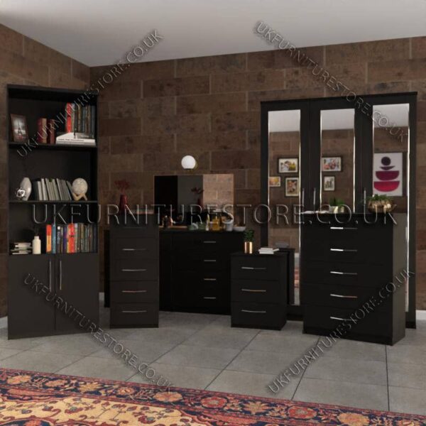 Black 6 Piece 3 Door Mirrored Wardrobe Set