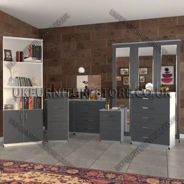 Front Gray Side White 6 Piece 3 Door Mirrored Wardrobe Set