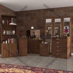 Walnut 6 Piece 3 Door Mirrored Wardrobe Set