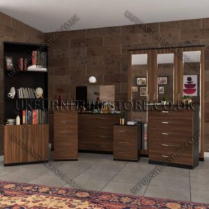 Front Walnut Side Black 6 Piece 3 Door Mirrored Wardrobe Set