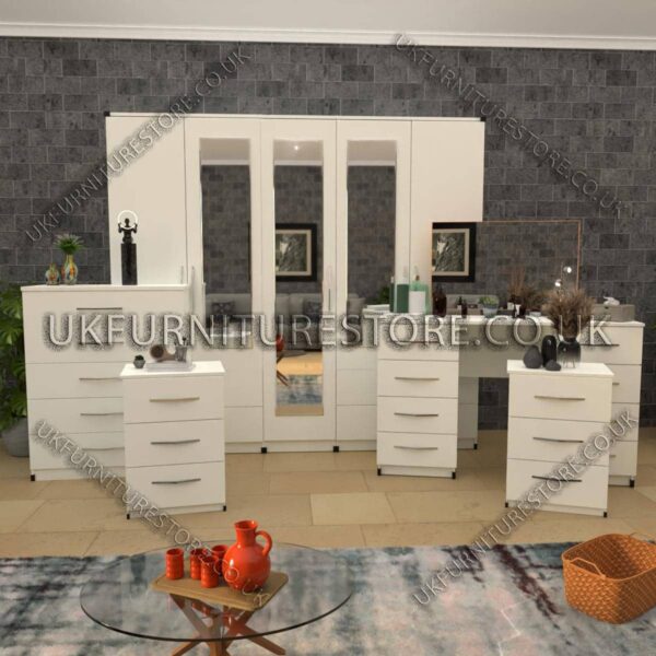 White 5 Pieces 5 Door Wardrobe Set With 3 Mirrors