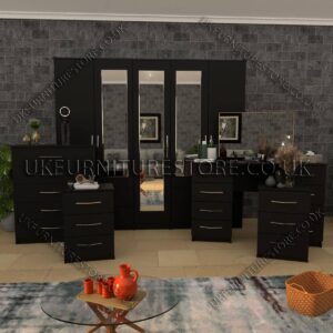 Black 4 Pieces 6 Door Wardrobe Set With 3 Mirrors