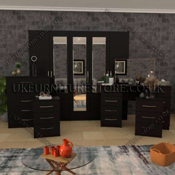Black 4 Pieces 6 Door Wardrobe Set With 3 Mirrors