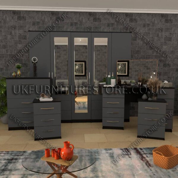 Front Gray Side Black 5 Pieces of 5 Door Wardrobe Set With 3 Mirrors