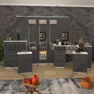 Front Silver Side White 5 Pieces of 5 Door Wardrobe Set With 3 Mirrors