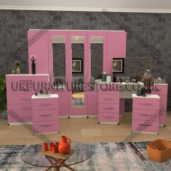 Front Pink Side White 5 Pieces of 5 Door Wardrobe Set With 3 Mirrors