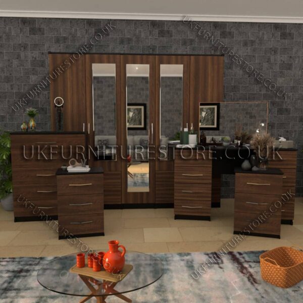 Front Walnut Side Black 5 Pieces of 5 Door Wardrobe Set With 3 Mirrors