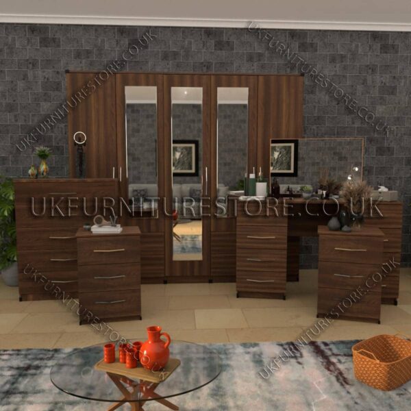 Walnut 5 Pieces of 5 Door Wardrobe Set With 3 Mirrors