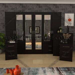 Black 4 Pieces 6 Door Wardrobe Set With 4 Mirrors