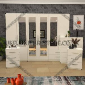White 4 Pieces 6 Door Wardrobe Set With 4 Mirrors