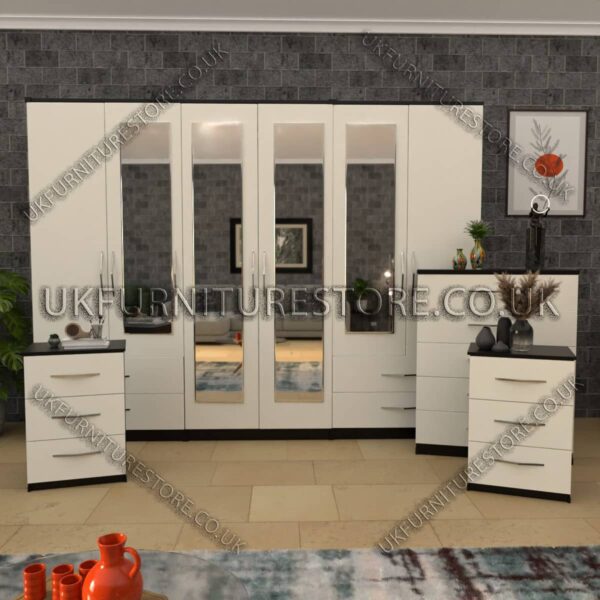 Front White Side Black 4 Pieces 6 Door Wardrobe Set With 4 Mirrors