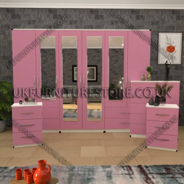 Front Pink Side White 4 Pieces 6 Door Wardrobe Set With 4 Mirrors