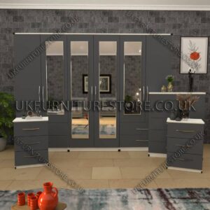 Front Gray Side White 4 Pieces 6 Door Wardrobe Set With 4 Mirrors