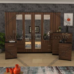 Walnut 4 Pieces 6 Door Wardrobe Set With 4 Mirrors