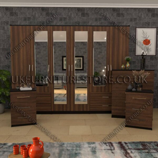Walnut 4 Pieces 6 Door Wardrobe Set With 4 Mirrors