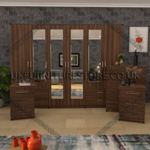 Walnut 4 Pieces 6 Door Wardrobe Set With 4 Mirrors