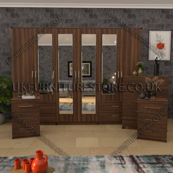 Walnut 4 Pieces 6 Door Wardrobe Set With 4 Mirrors