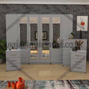 Silver 4 Pieces 6 Door Wardrobe Set With 4 Mirrors