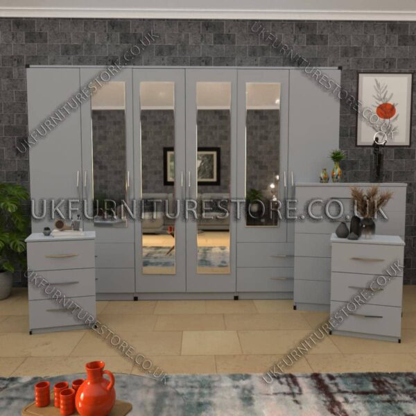 Silver 4 Pieces 6 Door Wardrobe Set With 4 Mirrors