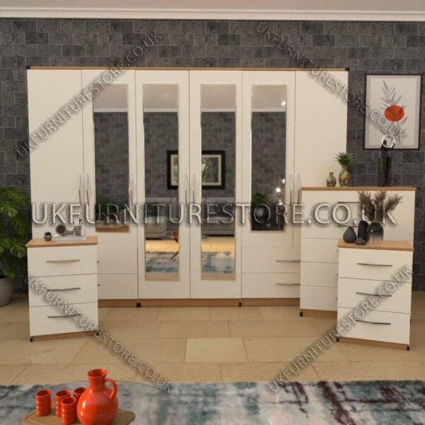 Front White Side Beech 4 Pieces 6 Door Wardrobe Set With 4 Mirrors