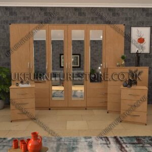 Beech 4 pieces 6 door wardrobe set With 4 Mirrors