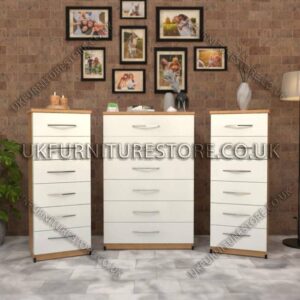 Front White Side Beech 6 Drawers Chest Drawers and 6 Drawers Bedside Cabinets