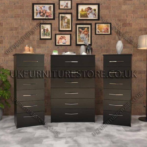 Black 6 Drawers Chest Drawers and 6 Drawers Bedside Cabinets