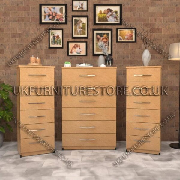Beech 6 Drawers Chest Drawers and 6 Drawers Bedside Cabinets