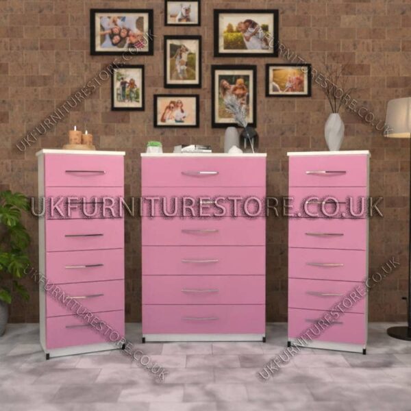 Front Pink Side White 6 Drawers Chest Drawers and 6 Drawers Bedside Cabinets