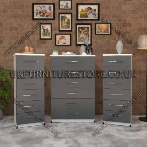 Front Gray Side White 6 Drawers Chest Drawers and 6 Drawers Bedside Cabinets
