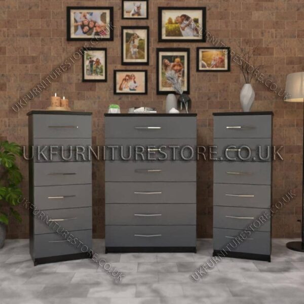 Front Gray Side Black 6 Drawers Chest Drawers and 6 Drawers Bedside Cabinets