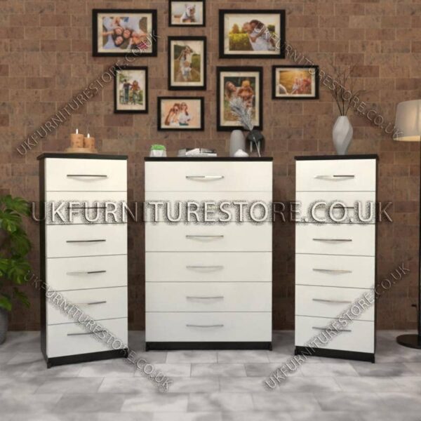 Front White Side Black 6 Drawers Chest Drawers and 6 Drawers Bedside Cabinets