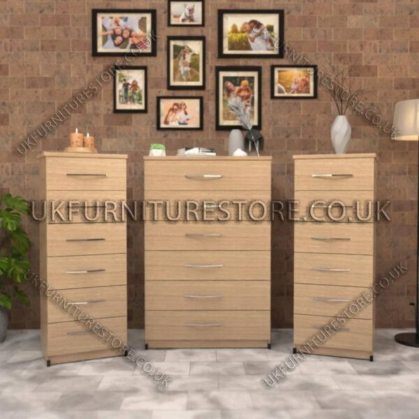 Oak 6 Drawers Chest Drawers and 6 Drawers Bedside Cabinets