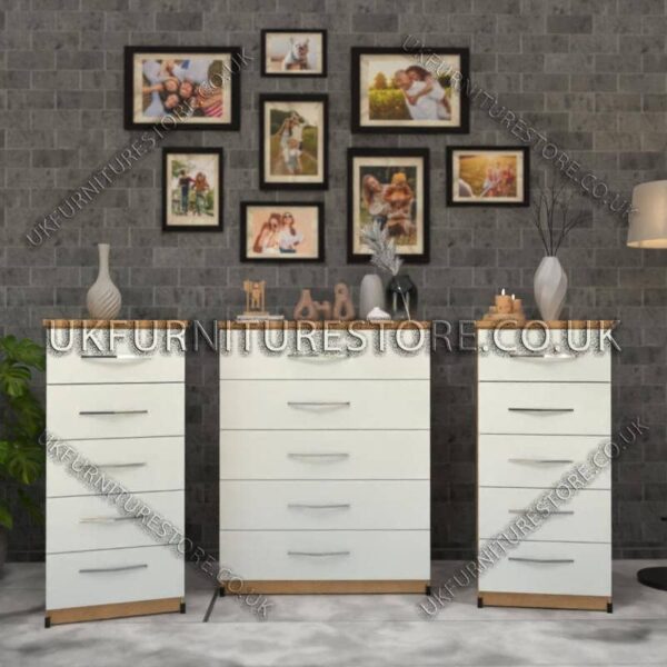 Front White Side Beech 5 Drawers Chest Drawers and 5 Drawers Bedside Cabinets