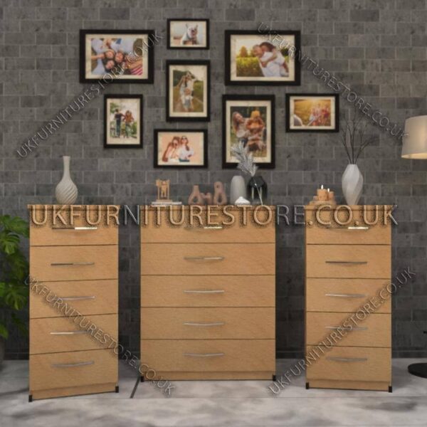 Beech 5 Drawers Chest Drawers and 5 Drawers Bedside Cabinets