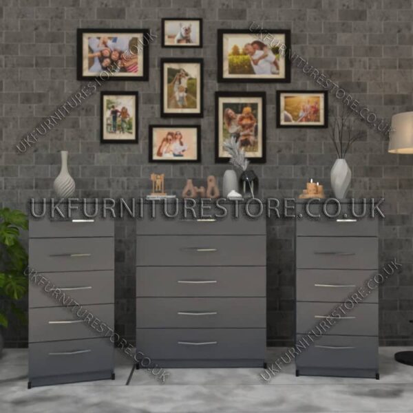 Gray 5 Drawers Chest Drawers and 5 Drawers Bedside Cabinets