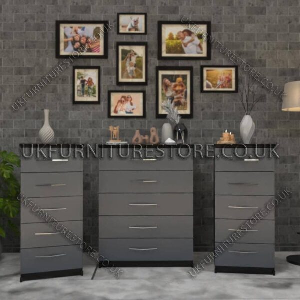 Front Gray Side Black 5 Drawers Chest Drawers and 5 Drawers Bedside Cabinets