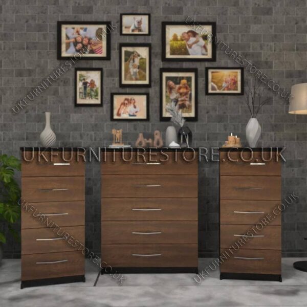 Front Walnut Side Black 5 Drawers Chest Drawers and 5 Drawers Bedside Cabinets