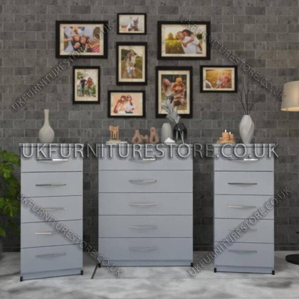 Silver 5 Drawers Chest Drawers and 5 Drawers Bedside Cabinets