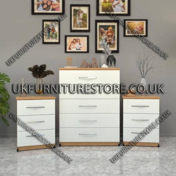 Front White Side Beech 5 Drawers Chest Drawers and 4 Drawers Bedside Cabinets