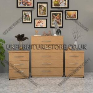 Beech 5 Drawers Chest Drawers and 3 Drawers Bedside Cabinets