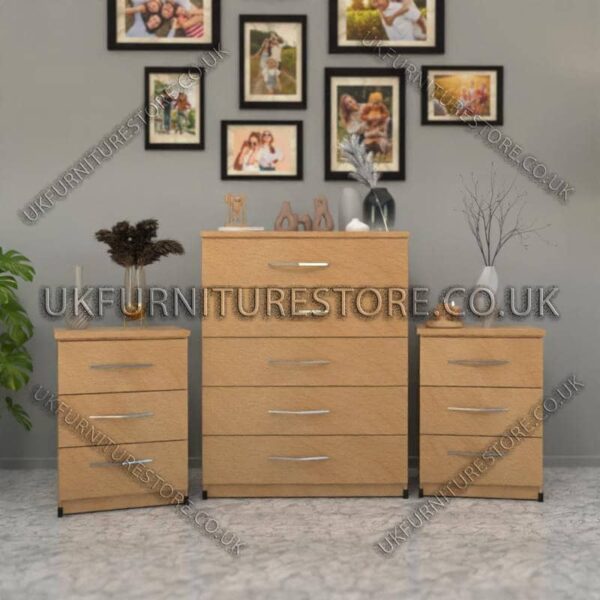 Beech 5 Drawers Chest Drawers and 3 Drawers Bedside Cabinets
