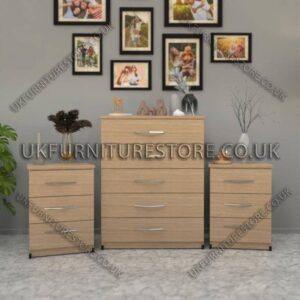 Oak 5 Drawers Chest Drawers and 3 Drawers Bedside Cabinets